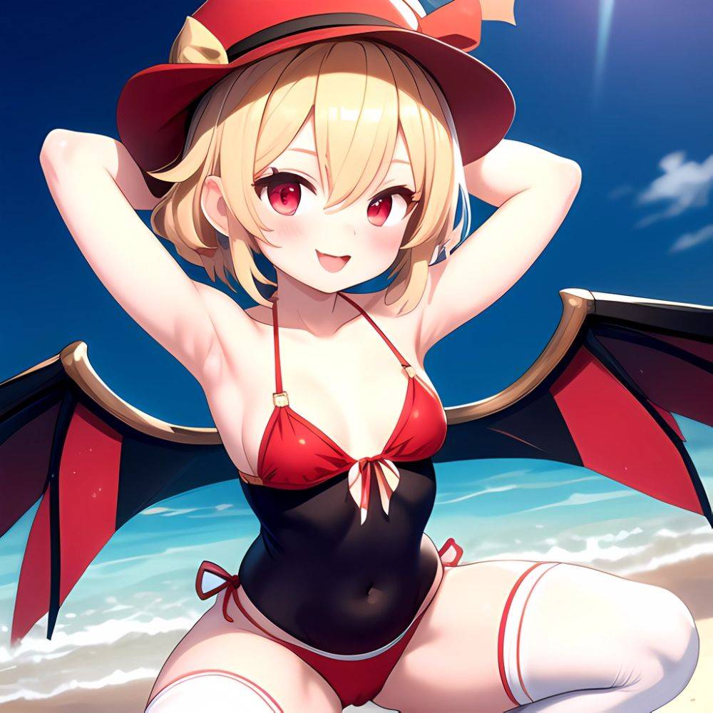 Armpits Bikini Breasts Red Eyes Red Thighhighs Small Breasts Thick Thighs White Bikini Blonde Hair Flandre Scarlet 1girl P Blush, 2061576052 - AIHentai - #main