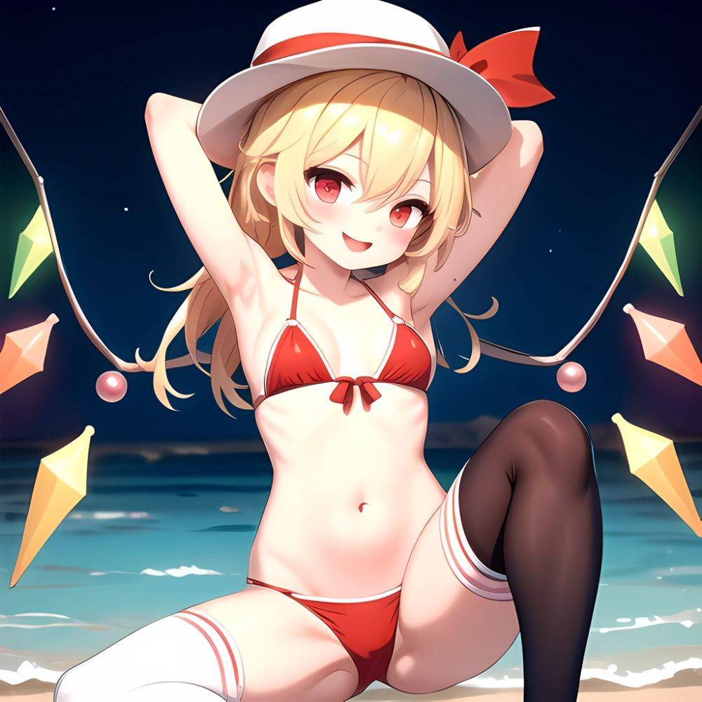 Armpits Bikini Breasts Red Eyes Red Thighhighs Small Breasts Thick Thighs White Bikini Blonde Hair Flandre Scarlet 1girl P Blush, 882674084 - AIHentai - #main