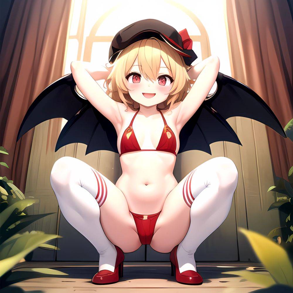 Armpits Bikini Breasts Red Eyes Red Thighhighs Small Breasts Thick Thighs White Bikini Blonde Hair Flandre Scarlet 1girl P Blush, 237394351 - AIHentai - #main