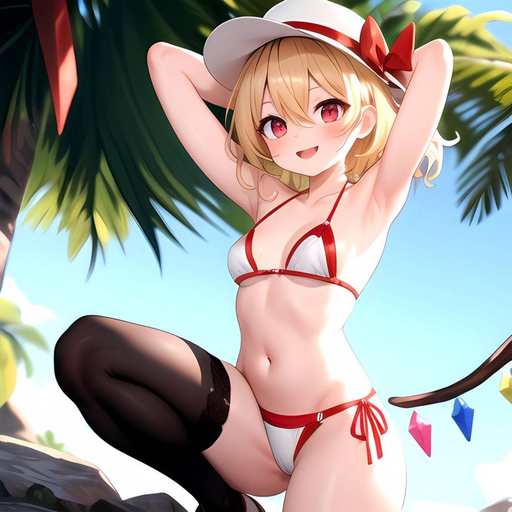 Armpits Bikini Breasts Red Eyes Red Thighhighs Small Breasts Thick Thighs White Bikini Blonde Hair Flandre Scarlet 1girl P Blush, 3295165259 - AIHentai - #main