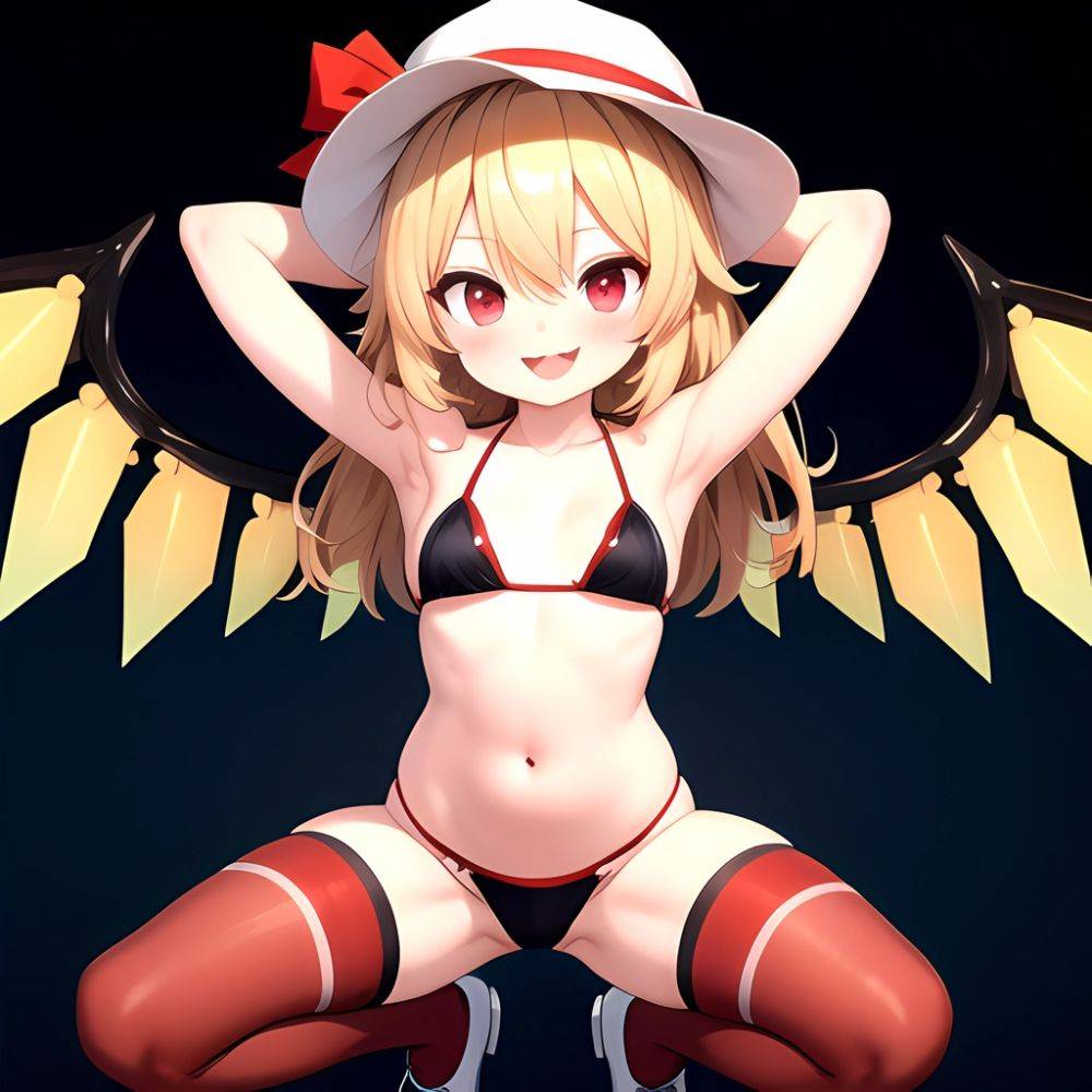 Armpits Bikini Breasts Red Eyes Red Thighhighs Small Breasts Thick Thighs White Bikini Blonde Hair Flandre Scarlet 1girl P Blush, 715462799 - AIHentai - #main