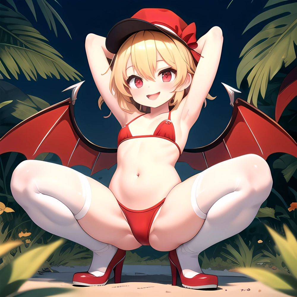 Armpits Bikini Breasts Red Eyes Red Thighhighs Small Breasts Thick Thighs White Bikini Blonde Hair Flandre Scarlet 1girl P Blush, 349144465 - AIHentai - #main