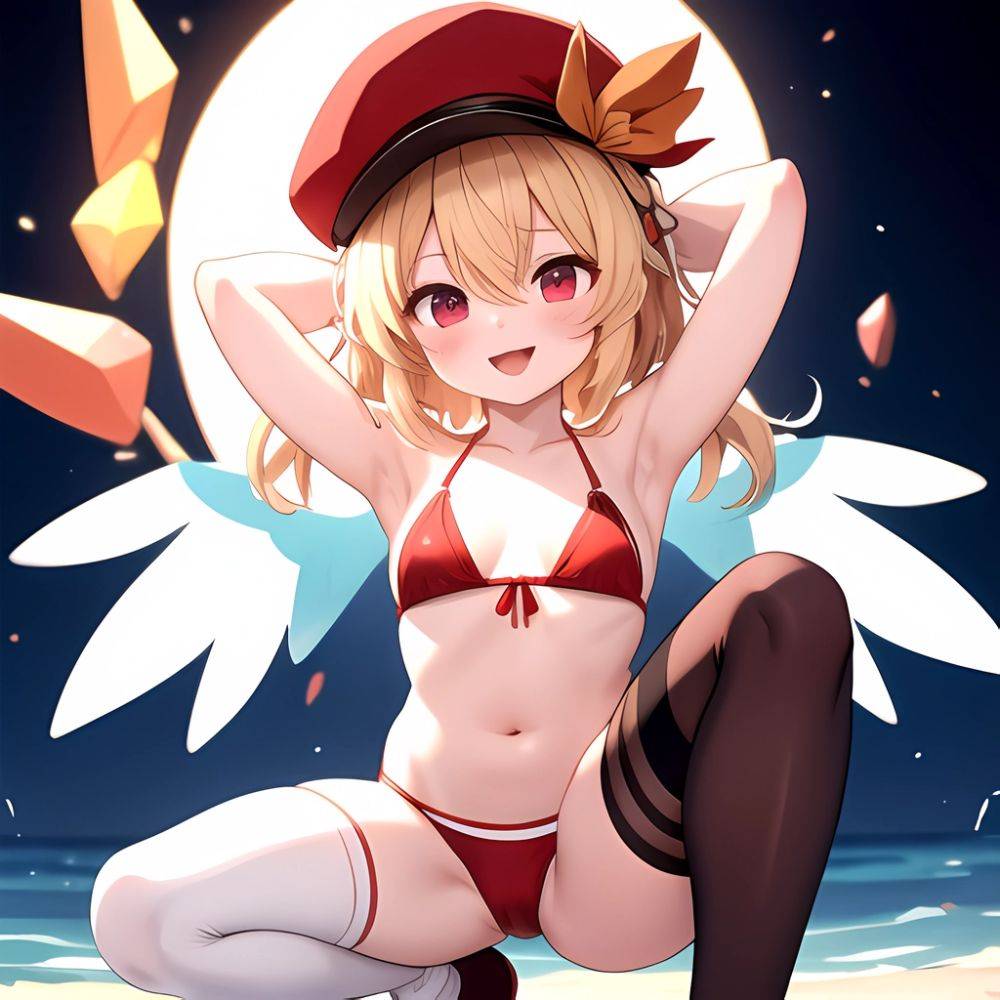 Armpits Bikini Breasts Red Eyes Red Thighhighs Small Breasts Thick Thighs White Bikini Blonde Hair Flandre Scarlet 1girl P Blush, 1351760659 - AIHentai - #main