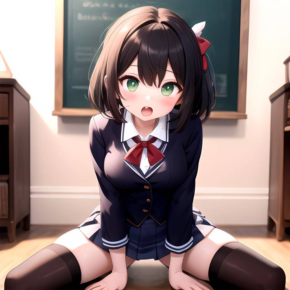 Breasts Cowgirl Position School Uniform Spread Legs Thighhighs Chieru Princess Connect 1girl Blurry Blurry Background Green Eyes, 3446630832 - AIHentai - #main