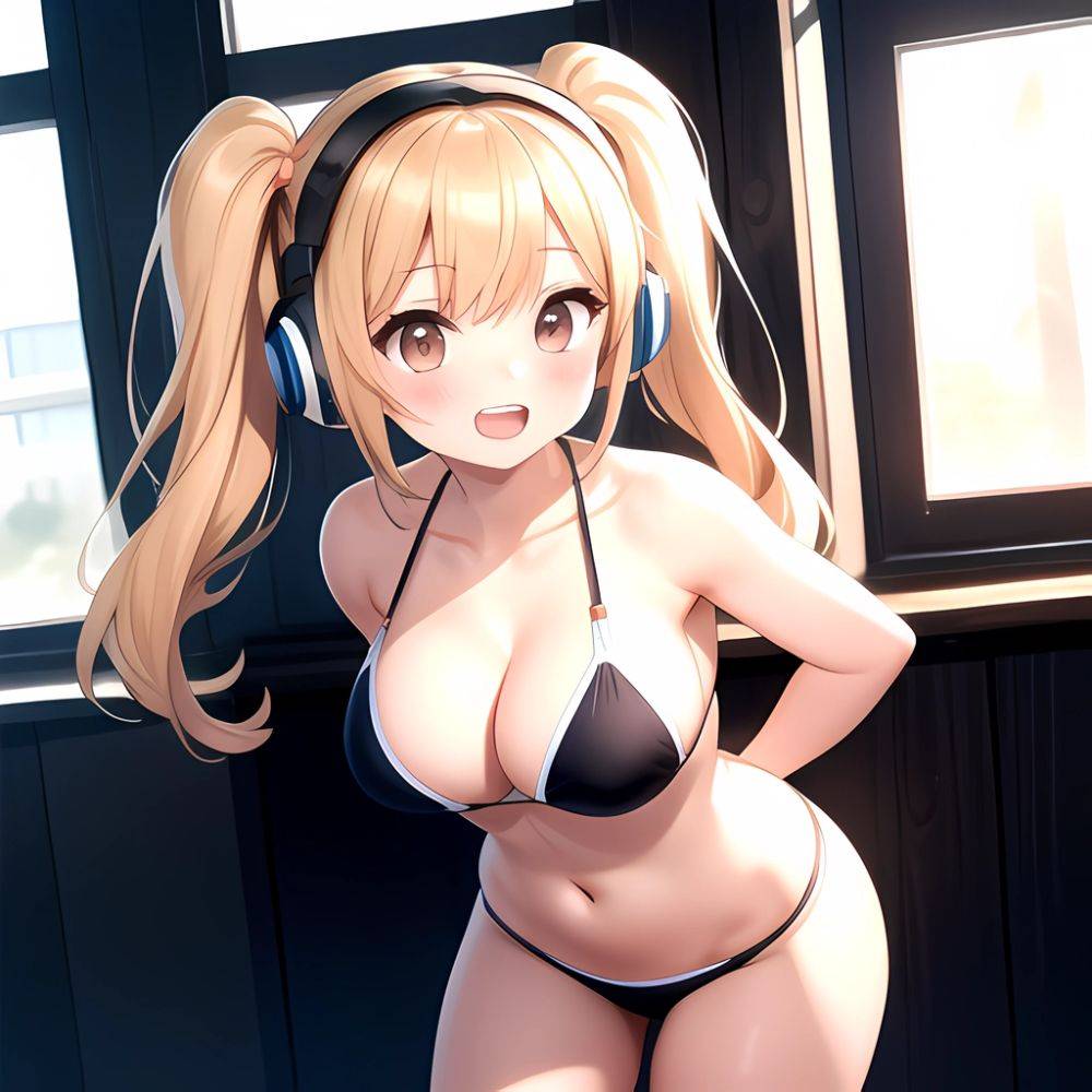 Super Pochaco 1girl Arms Behind Back Bare Shoulders Bikini Blonde Hair Blush Breasts Brown Eyes Cleavage Cowboy Shot Dark Skinne, 1049663676 - AIHentai - #main