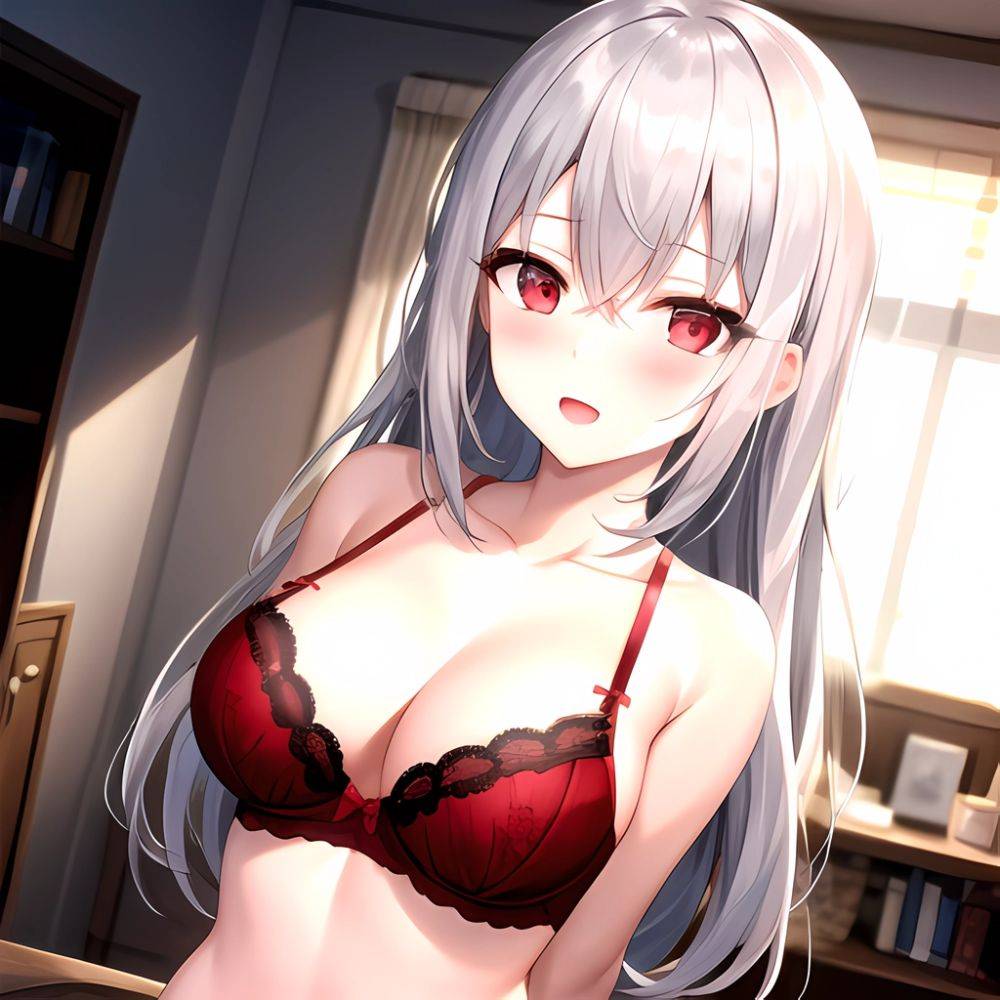 1girl Red Bra Blush Bra Breasts Double Parted Bangs Grey Hair Hair Between Eyes Indoors Large Breasts Long Hair Looking, 925442906 - AIHentai - #main