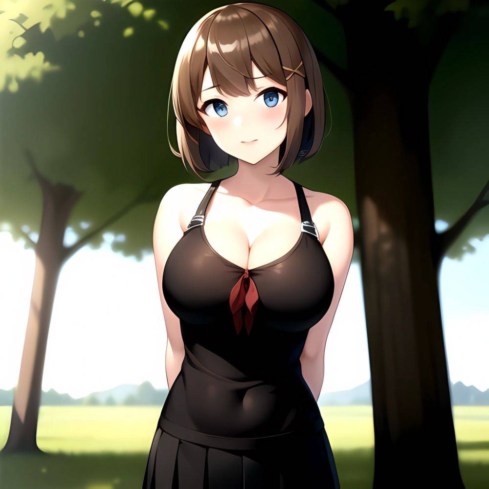 Blue Eyes Breasts Brown Hair Cleavage Large Breasts Short Hair Skirt Maya Kancolle 1girl Alternate Costume Arms Behind Back Blac, 553369467 - AIHentai - #main