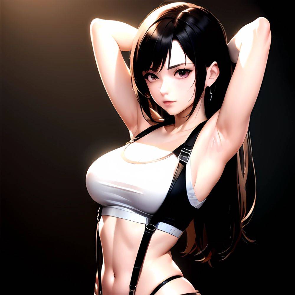 1girl Armpits Arms Behind Head Arms Up Bare Shoulders Black Gloves Black Hair Black Skirt Breasts Closed Mouth Crop Top, 3455014423 - AIHentai - #main