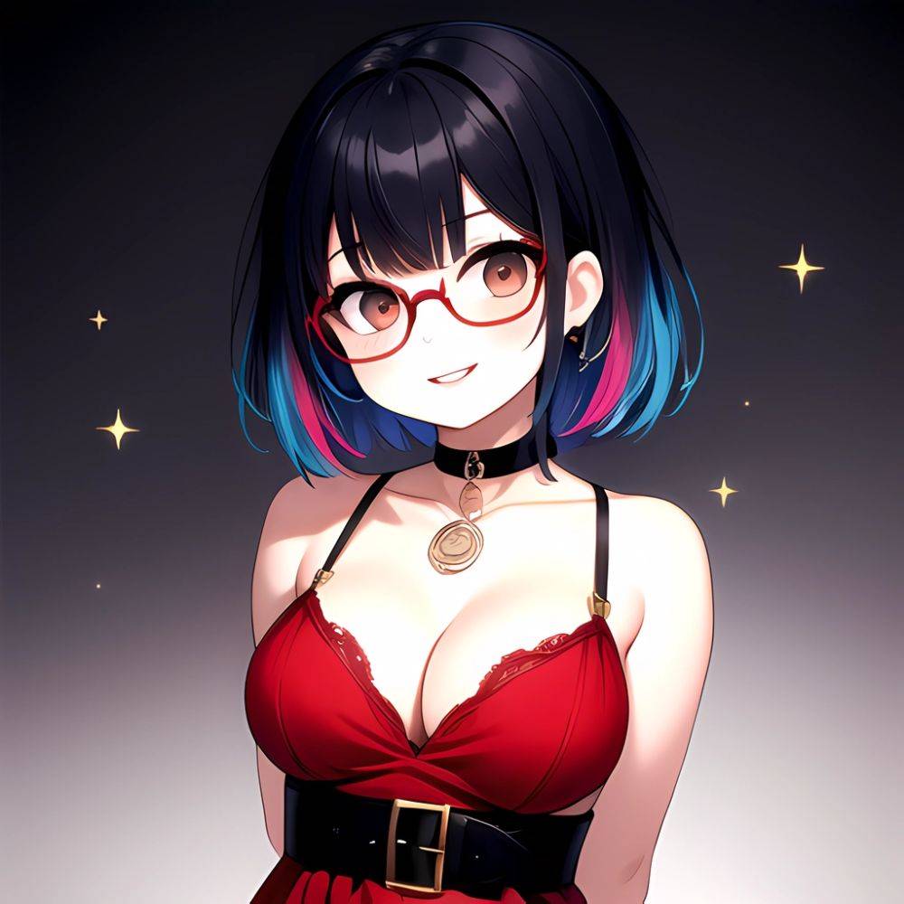 Kson 1girl Black Hair Blue Hair Breasts Brown Eyes Choker Cleavage Collarbone Dress Glasses Gradient Hair Head Tilt Looking At, 3966442161 - AIHentai - #main