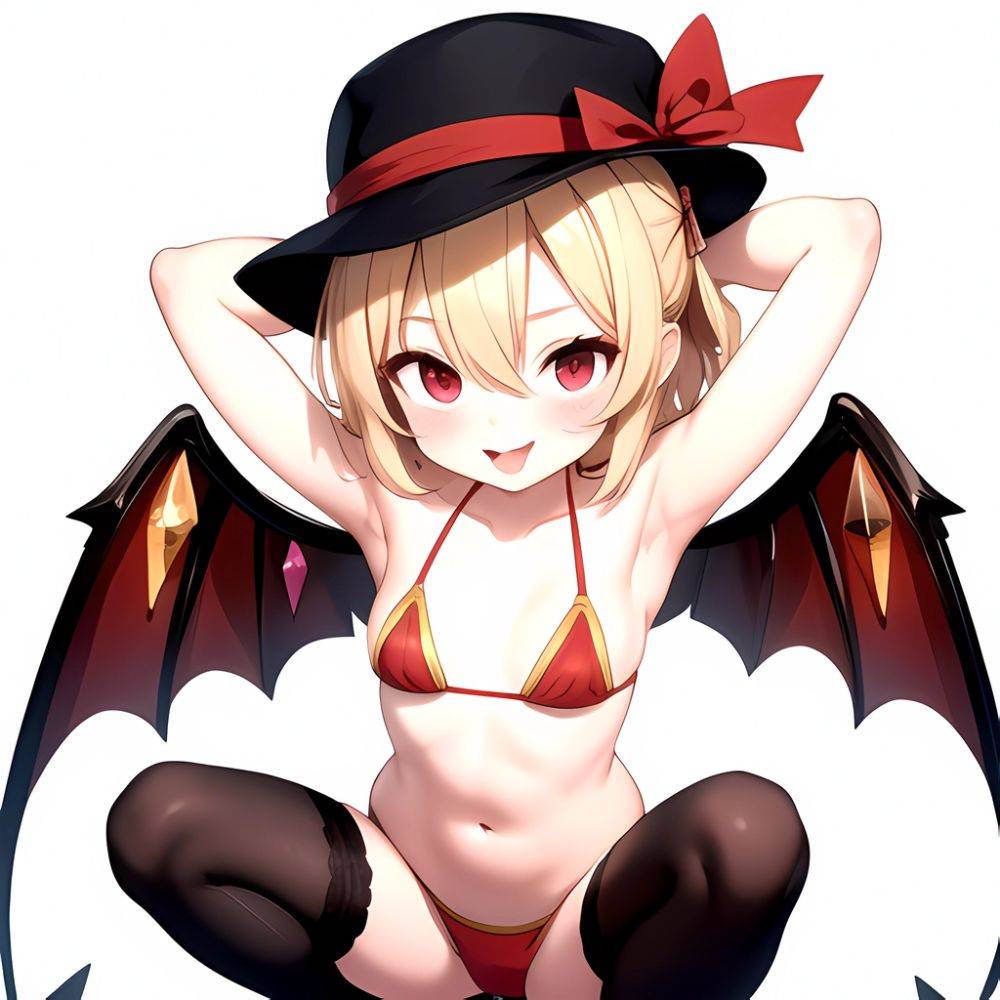 Armpits Bikini Breasts Red Eyes Red Thighhighs Small Breasts Thick Thighs White Bikini Blonde Hair Flandre Scarlet 1girl P Blush, 2903233591 - AIHentai - #main