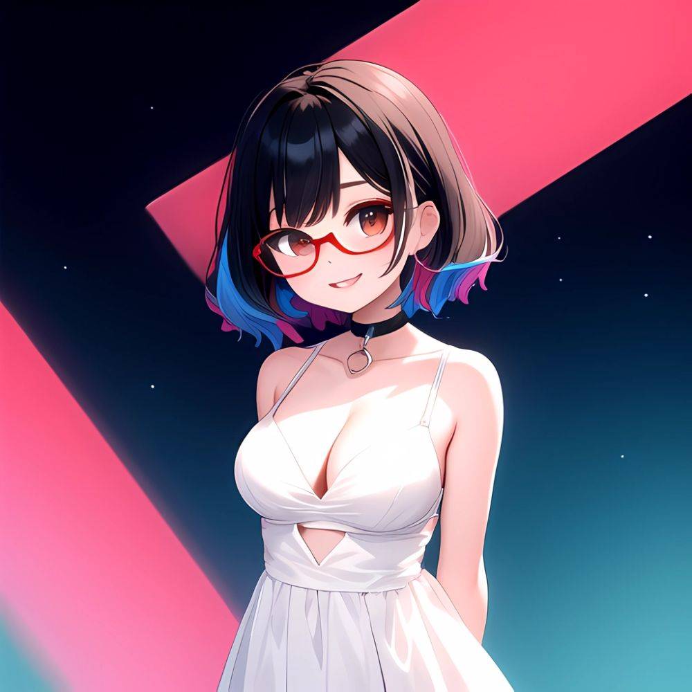 Kson 1girl Black Hair Blue Hair Breasts Brown Eyes Choker Cleavage Collarbone Dress Glasses Gradient Hair Head Tilt Looking At, 3455933370 - AIHentai - #main