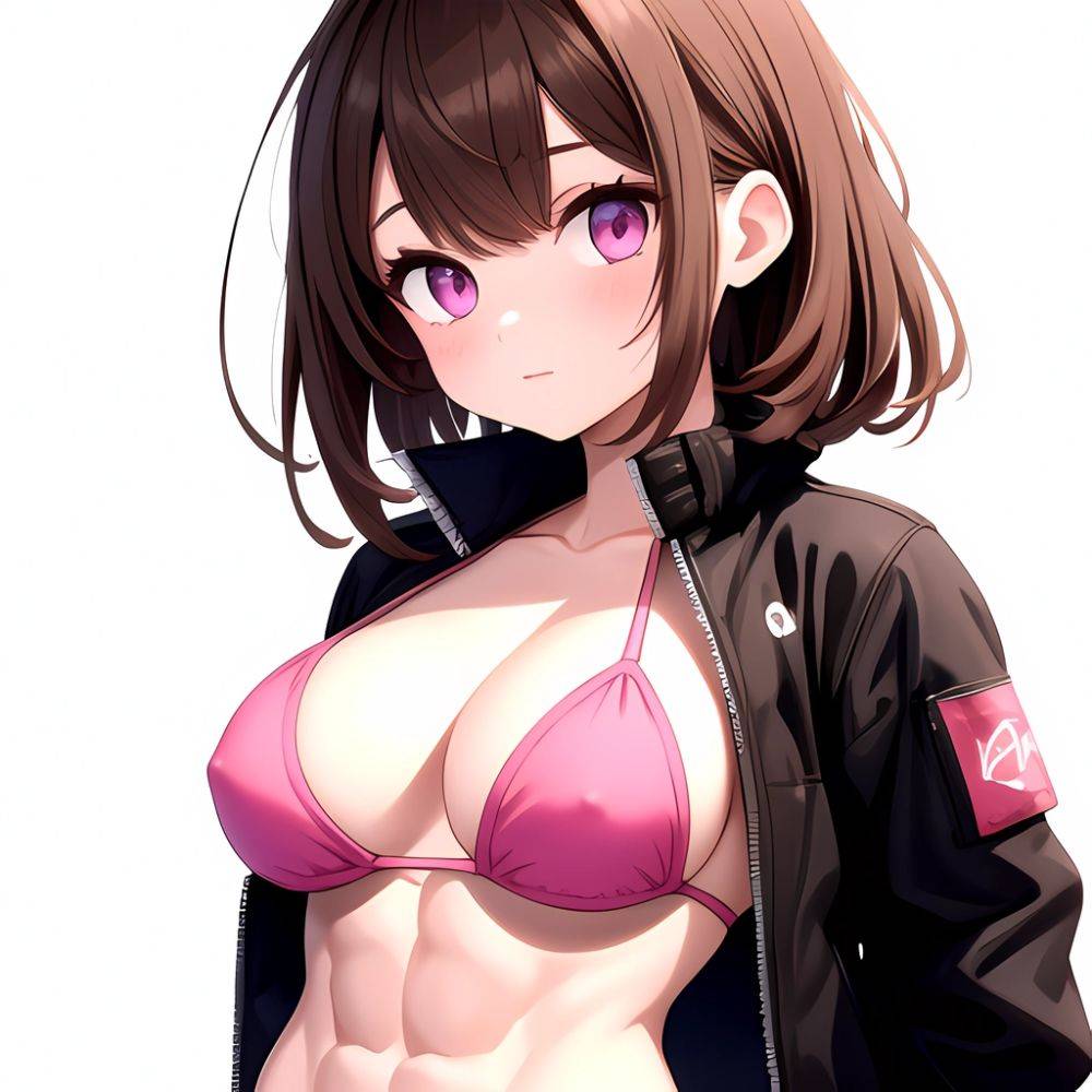 1girl Abs Bikini Breasts Brown Hair Colored Skin Jacket Large Breasts Muscular Muscular Female Pink Eyes Solo Swimsuit White Bac, 3630285805 - AIHentai - #main