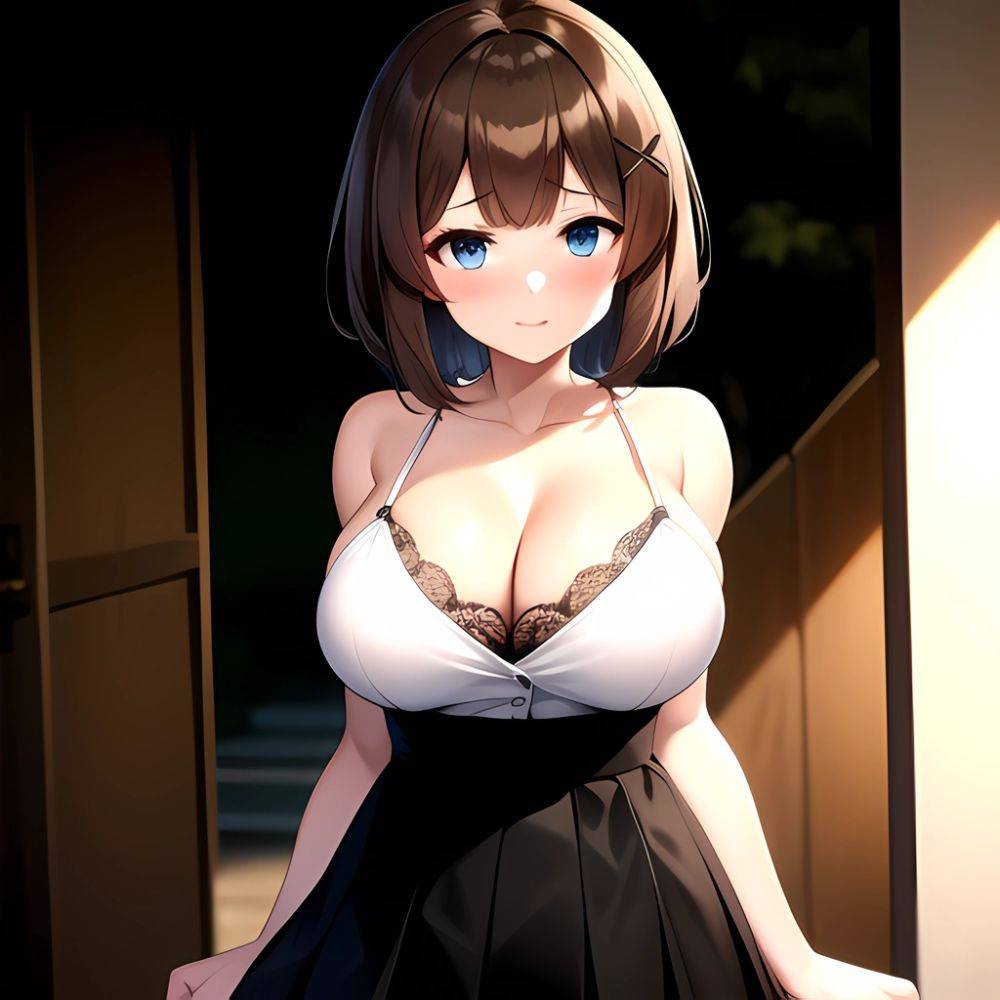 Blue Eyes Breasts Brown Hair Cleavage Large Breasts Short Hair Skirt Maya Kancolle 1girl Alternate Costume Arms Behind Back Blac, 546491940 - AIHentai - #main