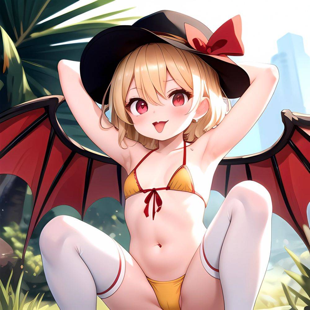 Armpits Bikini Breasts Red Eyes Red Thighhighs Small Breasts Thick Thighs White Bikini Blonde Hair Flandre Scarlet 1girl P Blush, 3078162779 - AIHentai - #main