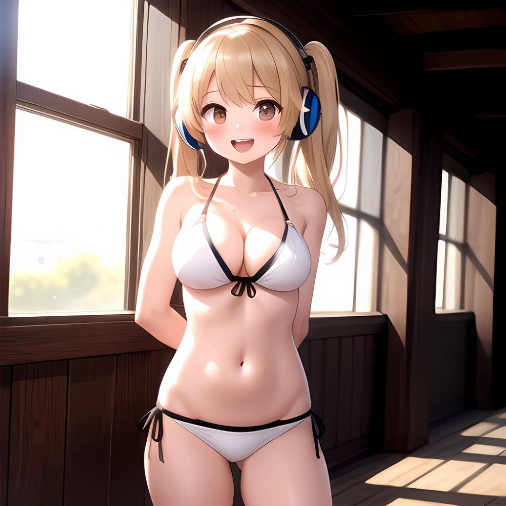 Super Pochaco 1girl Arms Behind Back Bare Shoulders Bikini Blonde Hair Blush Breasts Brown Eyes Cleavage Cowboy Shot Dark Skinne, 1404058295 - AIHentai - #main