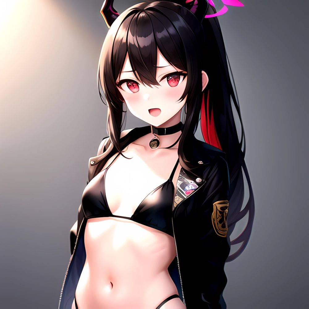 Kayoko Blue Archive 1girl Alternate Costume Bare Shoulders Bikini Black Bikini Black Choker Black Hair Black Horns Black Jacket, 4127487320 - AIHentai - #main