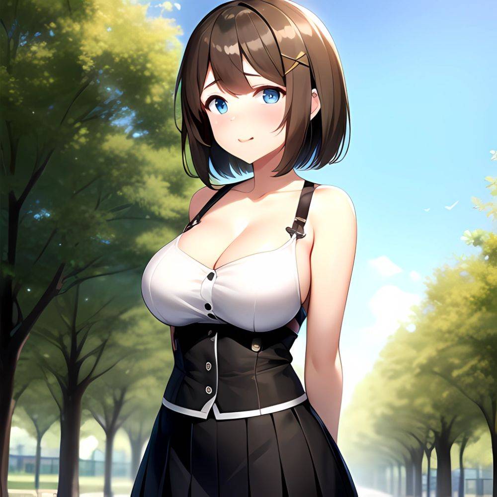 Blue Eyes Breasts Brown Hair Cleavage Large Breasts Short Hair Skirt Maya Kancolle 1girl Alternate Costume Arms Behind Back Blac, 4032890074 - AIHentai - #main