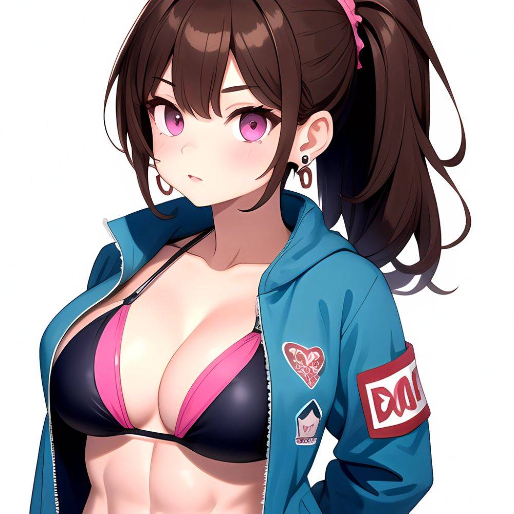 1girl Abs Bikini Breasts Brown Hair Colored Skin Earrings Jacket Jewelry Large Breasts Muscular Muscular Female Nose Piercing No, 488011309 - AIHentai - #main