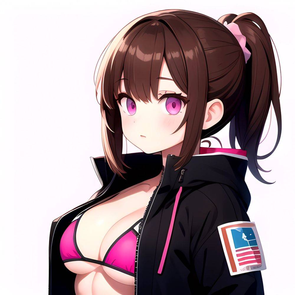 1girl Abs Bikini Breasts Brown Hair Colored Skin Jacket Large Breasts Muscular Muscular Female Pink Eyes Solo Swimsuit White Bac, 3053548890 - AIHentai - #main
