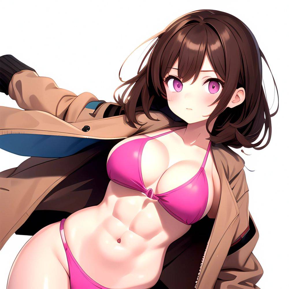 1girl Abs Bikini Breasts Brown Hair Colored Skin Jacket Large Breasts Muscular Muscular Female Pink Eyes Solo Swimsuit White Bac, 978604302 - AIHentai - #main