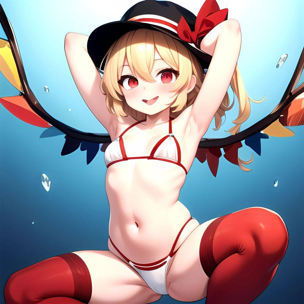 Armpits Bikini Breasts Red Eyes Red Thighhighs Small Breasts Thick Thighs White Bikini Flandre Scarlet 1girl P Blonde Hair Blush, 993004641 - AIHentai - #main