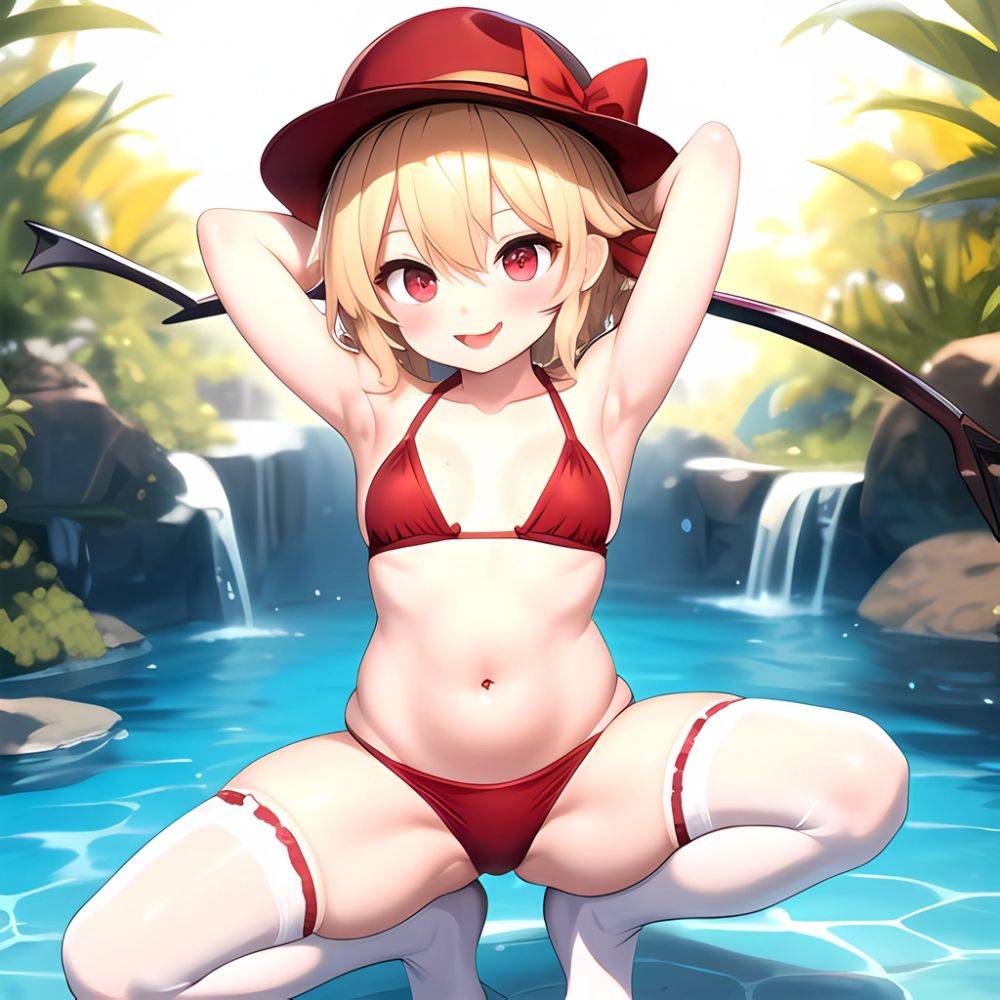 Armpits Bikini Breasts Red Eyes Red Thighhighs Small Breasts Thick Thighs White Bikini Blonde Hair Flandre Scarlet 1girl P Blush, 2426943942 - AIHentai - #main