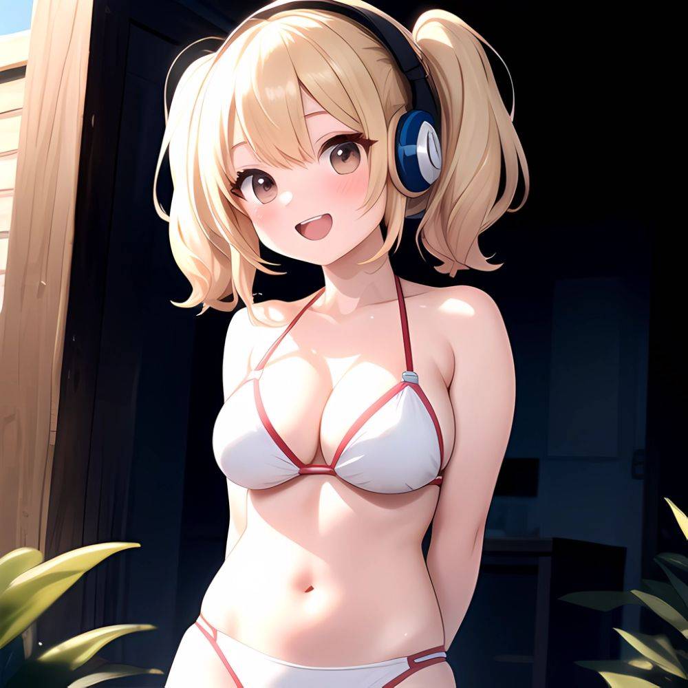 Super Pochaco 1girl Arms Behind Back Bare Shoulders Bikini Blonde Hair Blush Breasts Brown Eyes Cleavage Cowboy Shot Dark Skinne, 3350066768 - AIHentai - #main