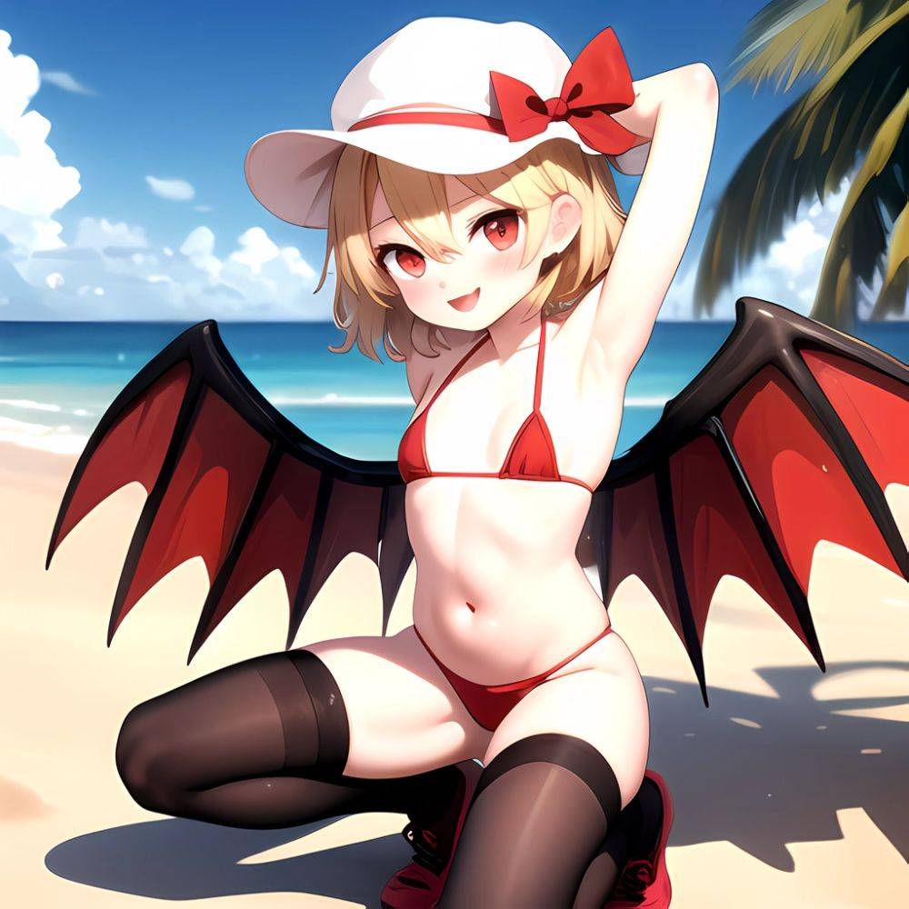 Armpits Bikini Breasts Red Eyes Red Thighhighs Small Breasts Thick Thighs White Bikini Flandre Scarlet 1girl P Blonde Hair Blush, 381101517 - AIHentai - #main