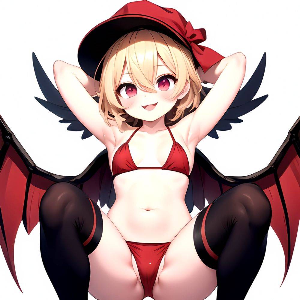 Armpits Bikini Breasts Red Eyes Red Thighhighs Small Breasts Thick Thighs White Bikini Blonde Hair Flandre Scarlet 1girl P Blush, 4009474665 - AIHentai - #main