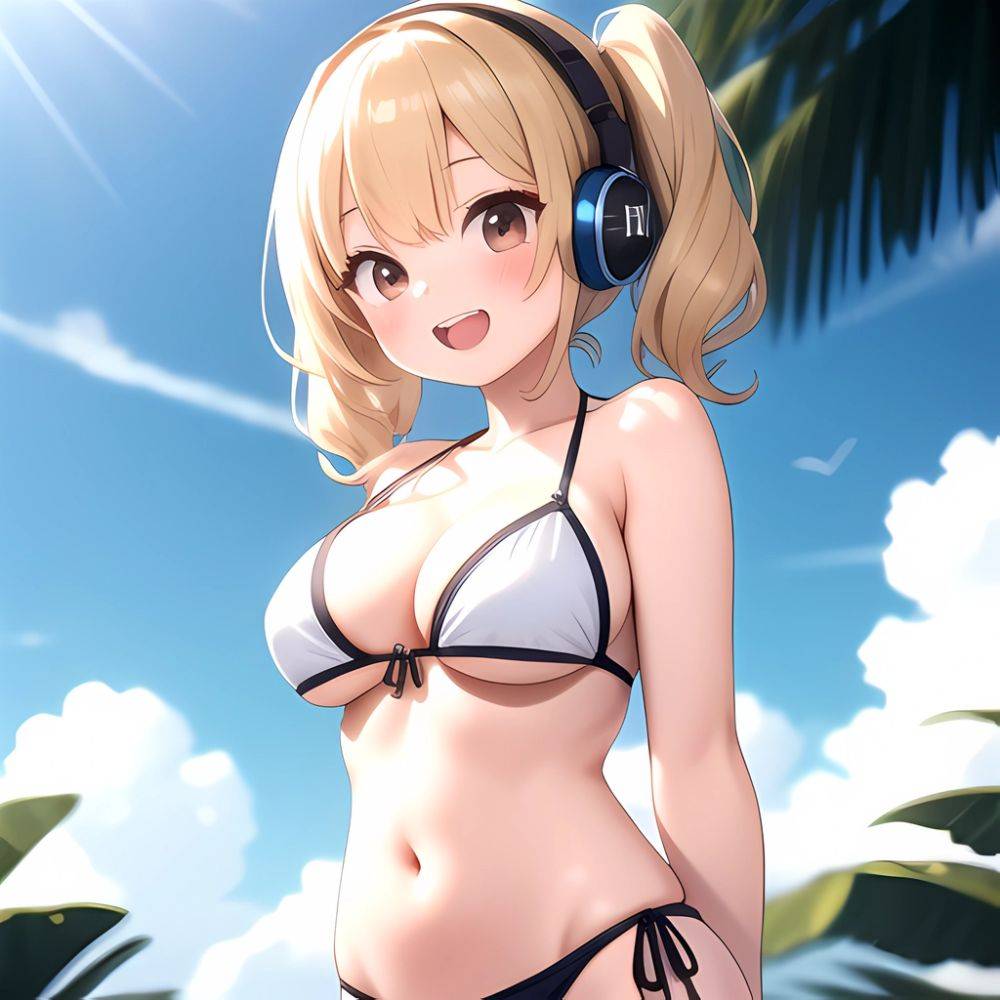 Super Pochaco 1girl Arms Behind Back Bare Shoulders Bikini Blonde Hair Blush Breasts Brown Eyes Cleavage Cowboy Shot Dark Skinne, 2537956416 - AIHentai - #main