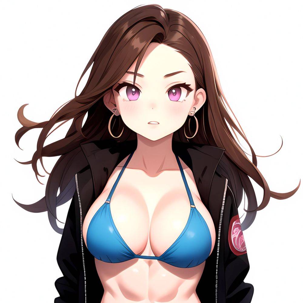 1girl Abs Bikini Breasts Brown Hair Colored Skin Earrings Jacket Jewelry Large Breasts Muscular Muscular Female Nose Piercing No, 3759654985 - AIHentai - #main
