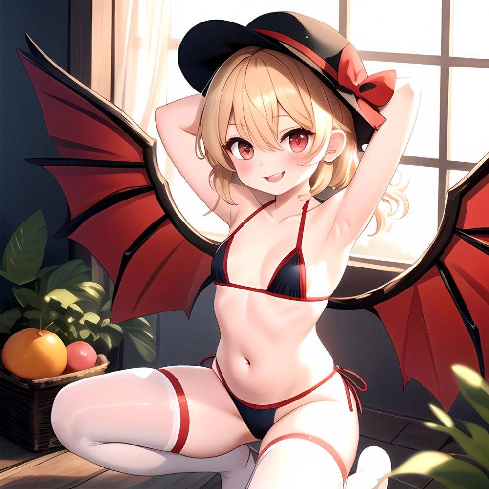 Armpits Bikini Breasts Red Eyes Red Thighhighs Small Breasts Thick Thighs White Bikini Flandre Scarlet 1girl P Blonde Hair Blush, 741542613 - AIHentai - #main