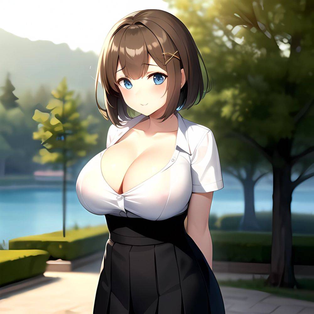 Blue Eyes Breasts Brown Hair Cleavage Large Breasts Short Hair Skirt Maya Kancolle 1girl Alternate Costume Arms Behind Back Blac, 534404873 - AIHentai - #main