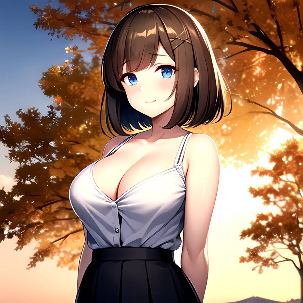 Blue Eyes Breasts Brown Hair Cleavage Large Breasts Short Hair Skirt Maya Kancolle 1girl Alternate Costume Arms Behind Back Blac, 157598195 - AIHentai - #main