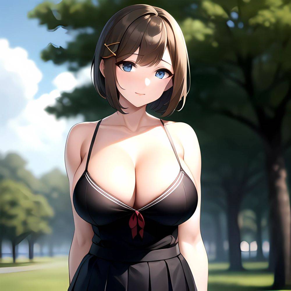 Blue Eyes Breasts Brown Hair Cleavage Large Breasts Short Hair Skirt Maya Kancolle 1girl Alternate Costume Arms Behind Back Blac, 460015682 - AIHentai - #main