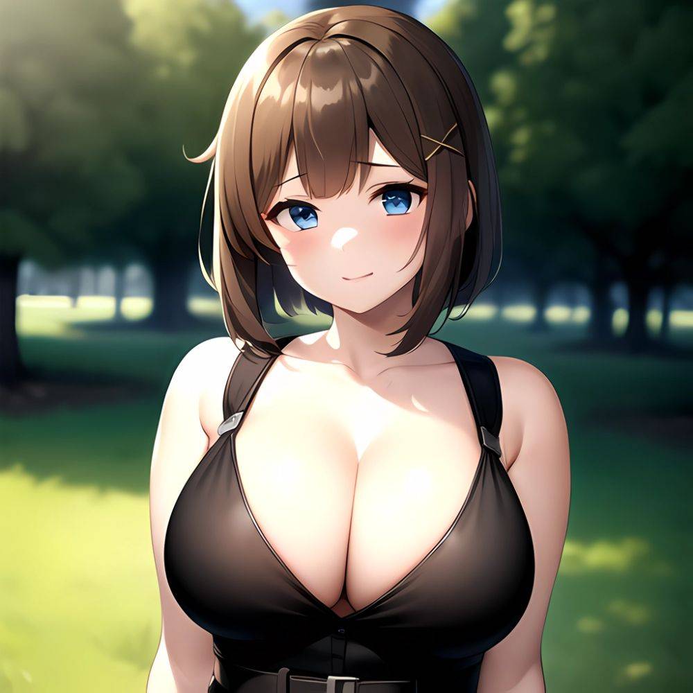 Blue Eyes Breasts Brown Hair Cleavage Large Breasts Short Hair Skirt Maya Kancolle 1girl Alternate Costume Arms Behind Back Blac, 1681851810 - AIHentai - #main