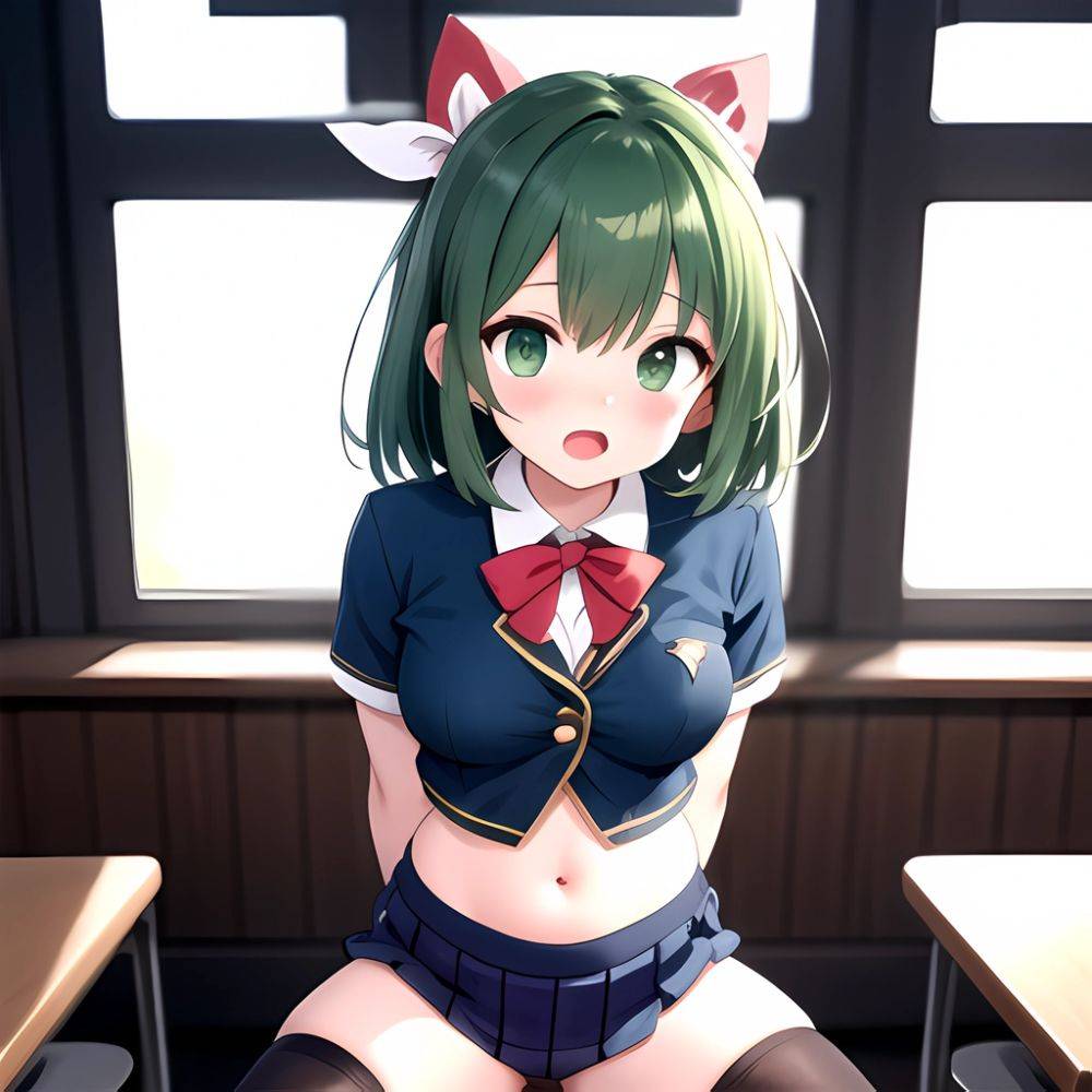 Breasts Cowgirl Position School Uniform Spread Legs Thighhighs Chieru Princess Connect 1girl Blurry Blurry Background Green Eyes, 4283234031 - AIHentai - #main