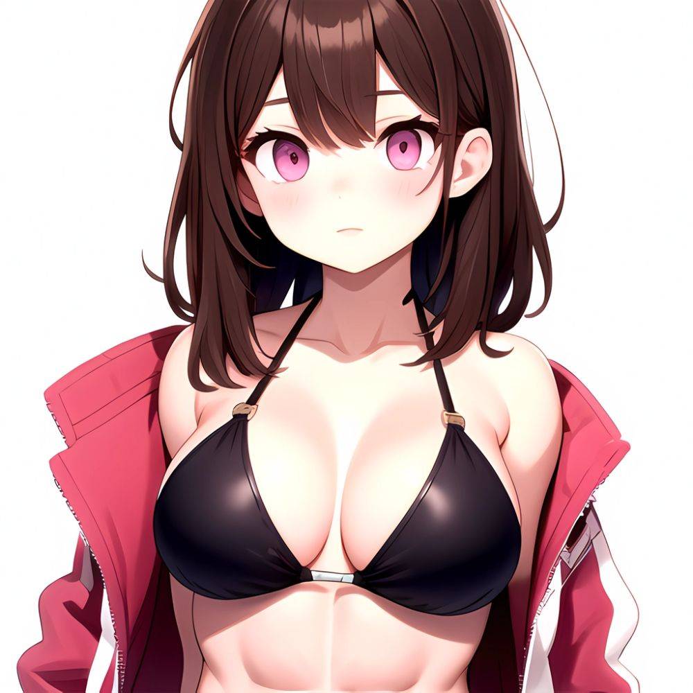 1girl Abs Bikini Breasts Brown Hair Colored Skin Jacket Large Breasts Muscular Muscular Female Pink Eyes Solo Swimsuit White Bac, 1868127636 - AIHentai - #main