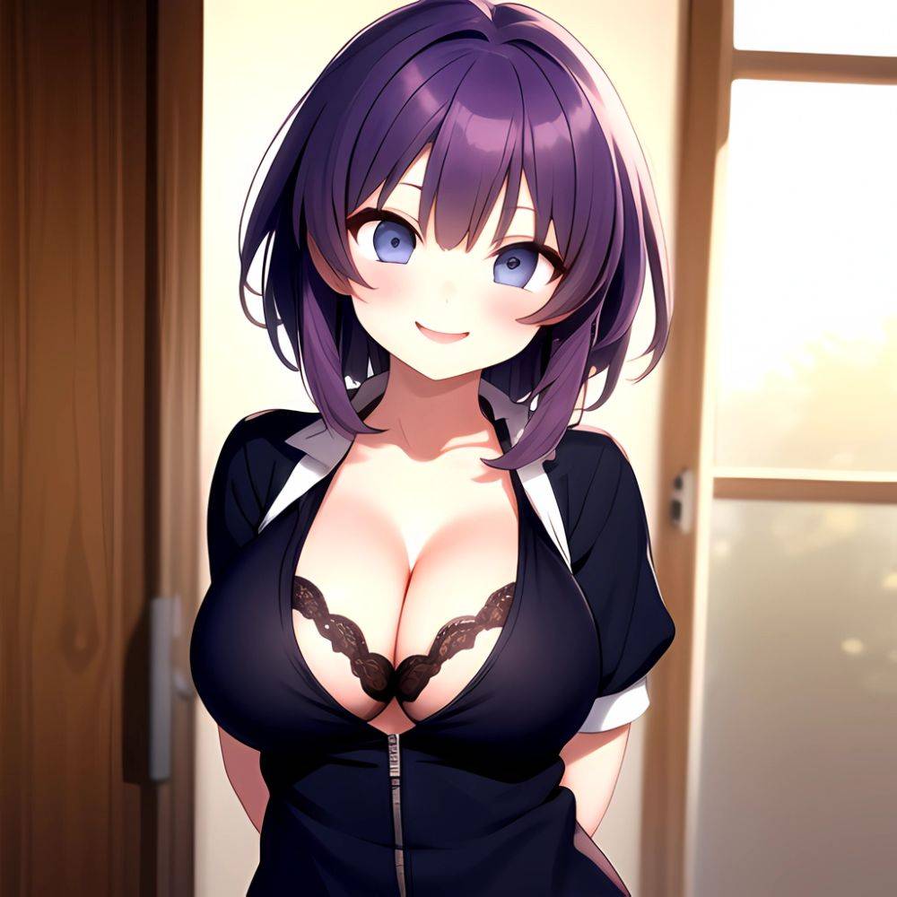 Yumi Senran Kagura 1girl Blue Eyes Breasts Cleavage Large Breasts Looking At Viewer Medium Breasts Paizuri Purple Hair Smile Upp, 3269818530 - AIHentai - #main