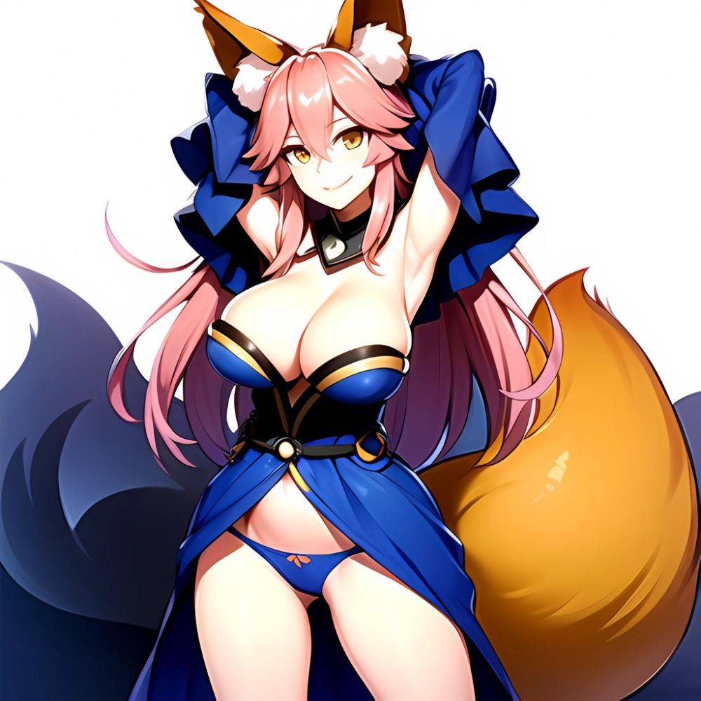 Tamamo Fate Tamamo No Mae Fate Extra 1girl Animal Ear Fluff Animal Ears Arms Up Bare Shoulders Blue Dress Blue, 2690548579 - AIHentai - #main