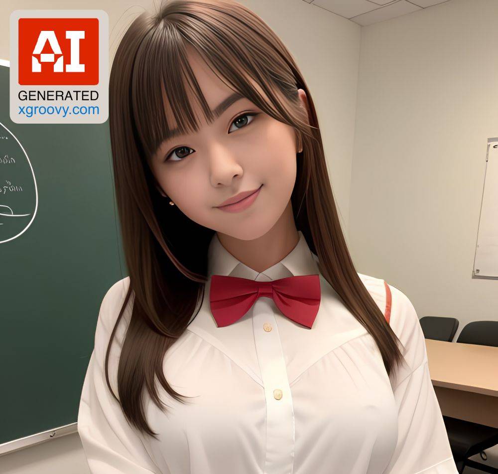 Kneeling in her blouse and bow tie, this 18yo Japanese beauty teases the camera with her small tits. - #main
