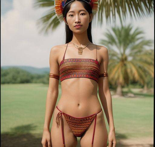 A 18yo Korean lingerie model in a traditional t-pose, partially nude with small tits, tanned skin, and pubic hair in a film photo. - #main