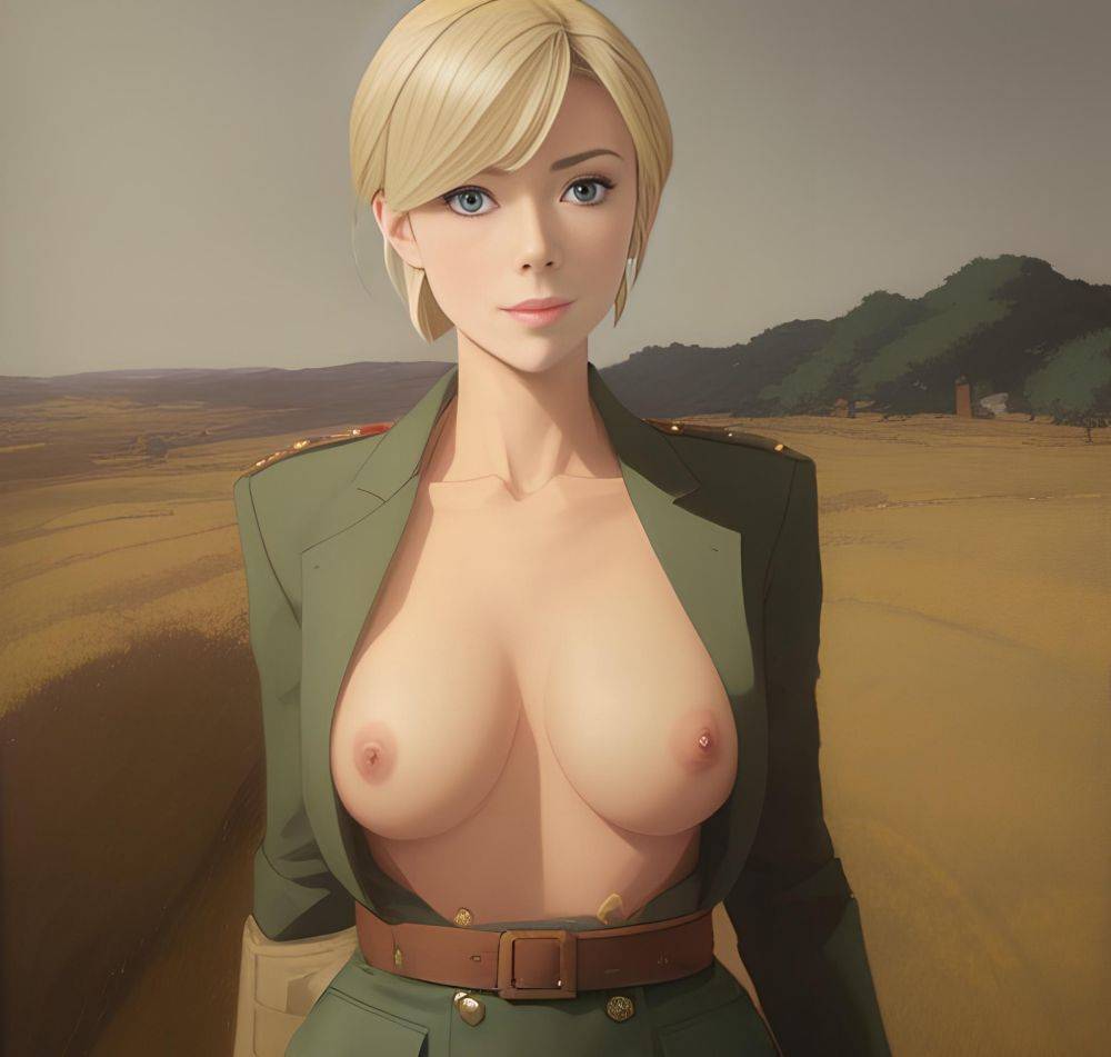 Topless French Pixie in Military Suit: Partially Nude Front View Illustration - #main