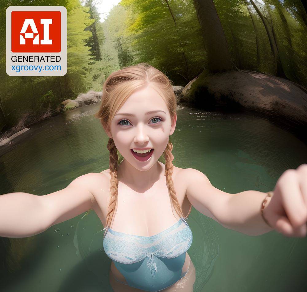 My fiery ginger hair in pigtails, cascading down my short, skinny frame as I stand nude in a lush forest. A fisheye view from above captures my excited, youthful face as I pose for a naughty photo. - #main