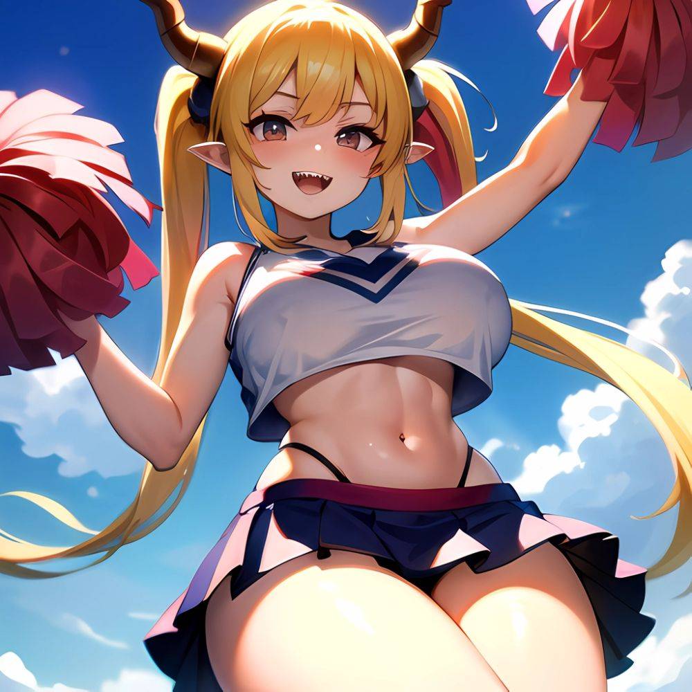 1girl Absurdres White Skirt Whitefrok Breasts Cheerleader Dragon Girl Dragon Horns Highres Holding Holding Pom Poms Horns Huge B, 1124475233 - AIHentai - #main
