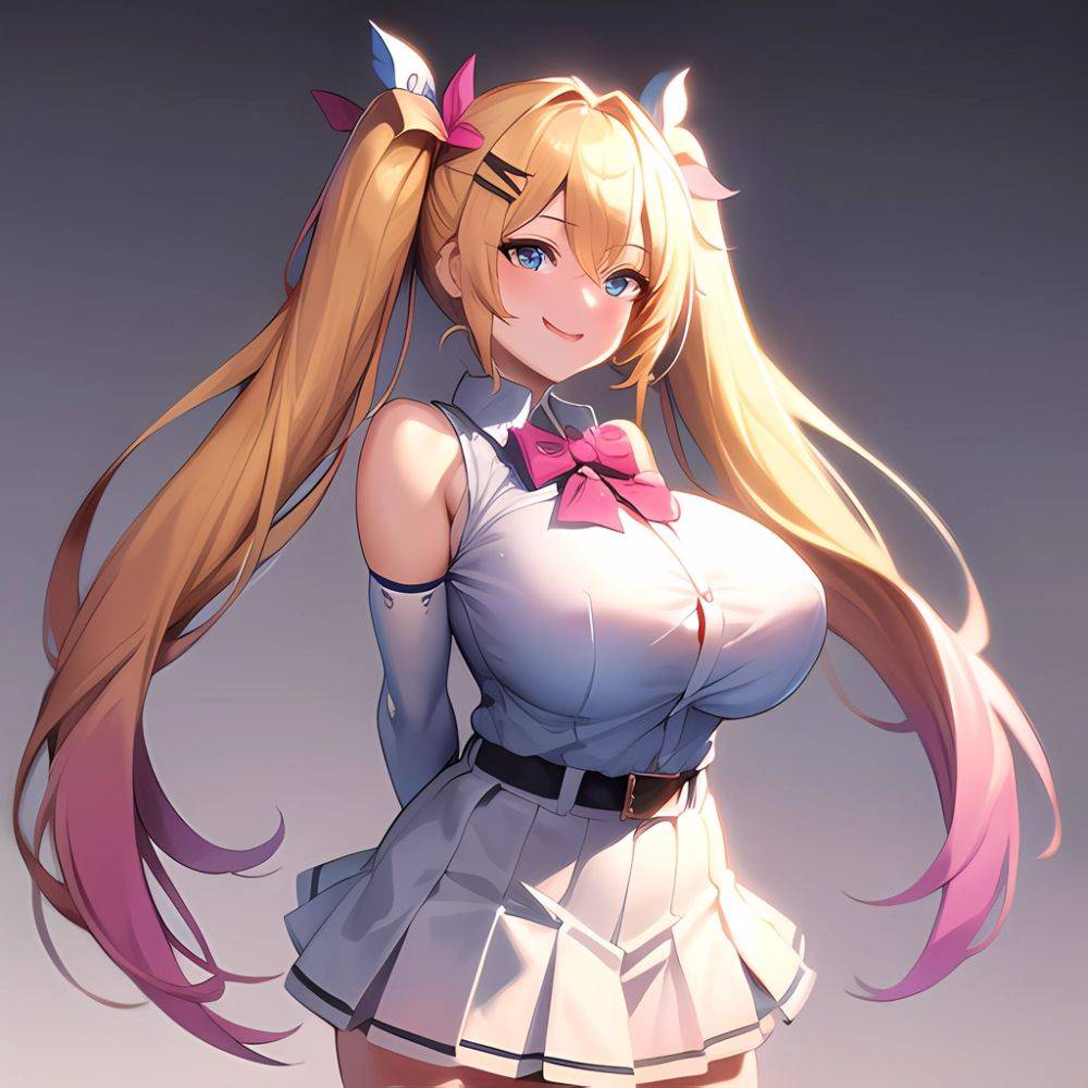 1girl Aymusk Belt White Skirt Blonde Hair Blue Eyes Blush Bow Bowtie Breasts Curvy Elbow Gloves Fang Gloves Gradient Background, 407477687 - AIHentai - #main