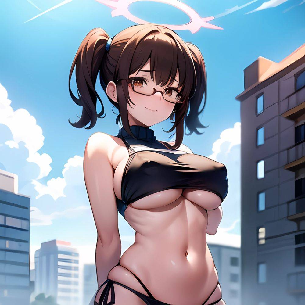 1girl Bikini Black Bikini Blue Archive Blue Sky Breasts Brown Eyes Brown Hair Closed Mouth Clothes Lift Cloud Covered Nipples, 2579980362 - AIHentai - #main