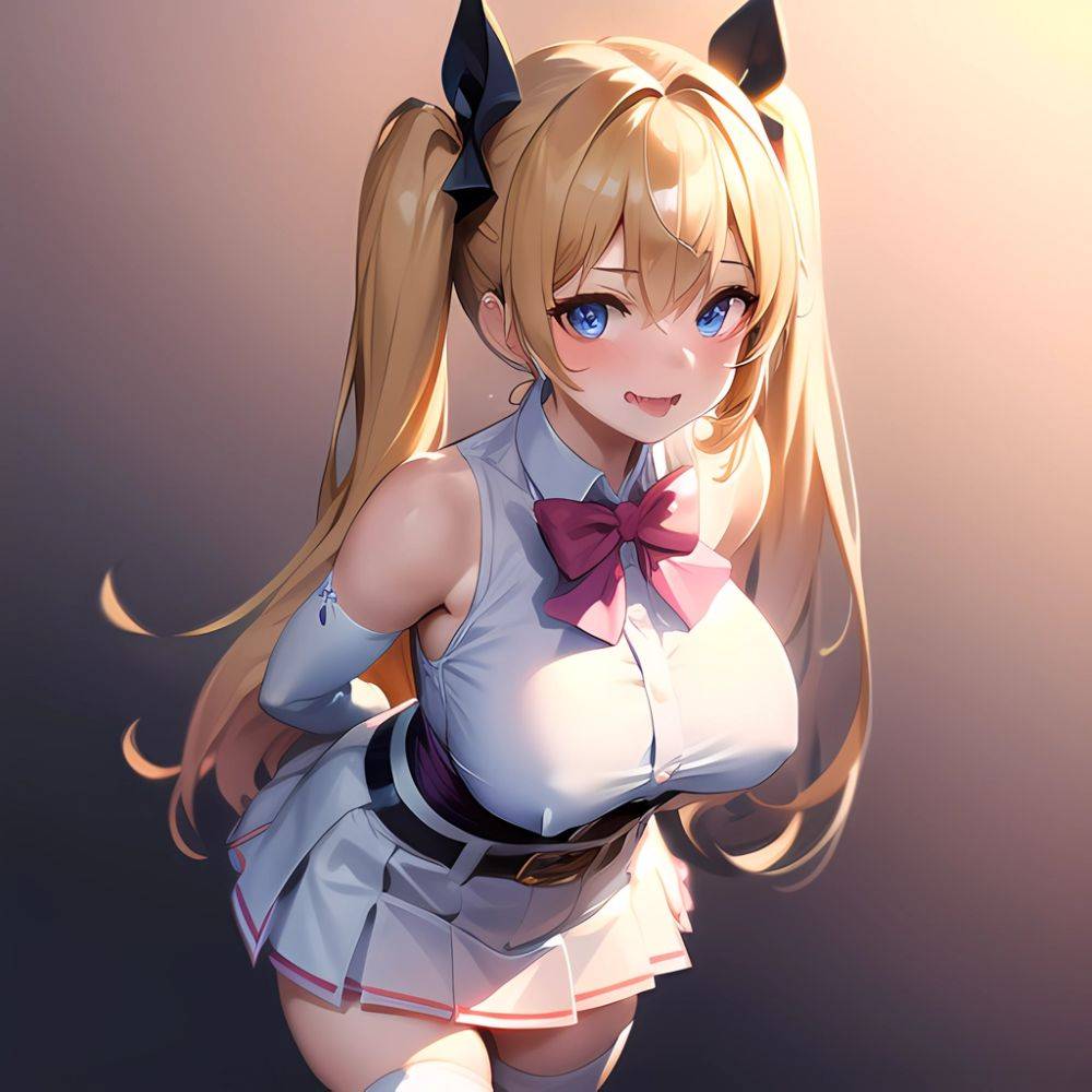 1girl Aymusk Belt White Skirt Blonde Hair Blue Eyes Blush Bow Bowtie Breasts Curvy Elbow Gloves Fang Gloves Gradient Background, 524184569 - AIHentai - #main