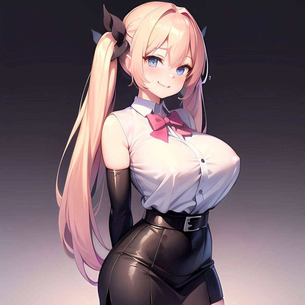 1girl Aymusk Belt Black Skirt Blonde Hair Blue Eyes Blush Bow Bowtie Breasts Curvy Elbow Gloves Fang Gloves Gradient Background, 3759829826 - AIHentai - #main