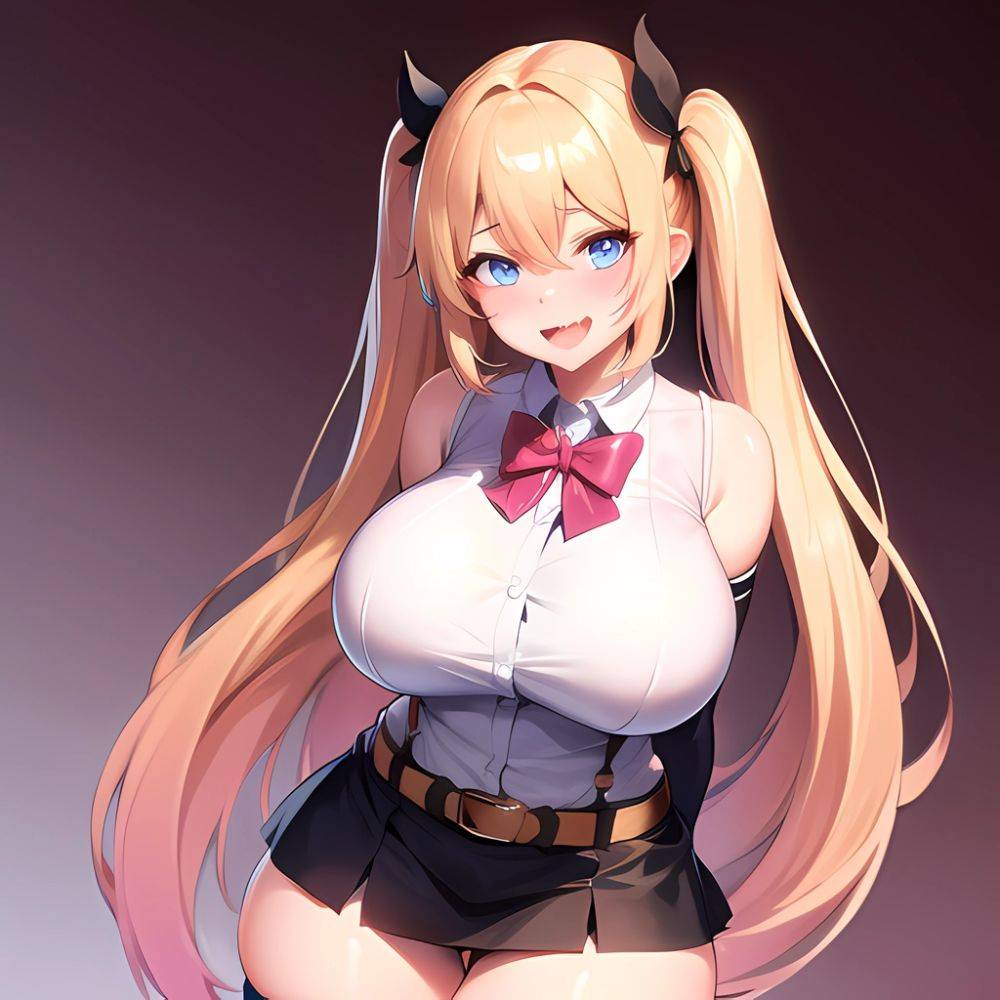 1girl Aymusk Belt Black Skirt Blonde Hair Blue Eyes Blush Bow Bowtie Breasts Curvy Elbow Gloves Fang Gloves Gradient Background, 1704549099 - AIHentai - #main